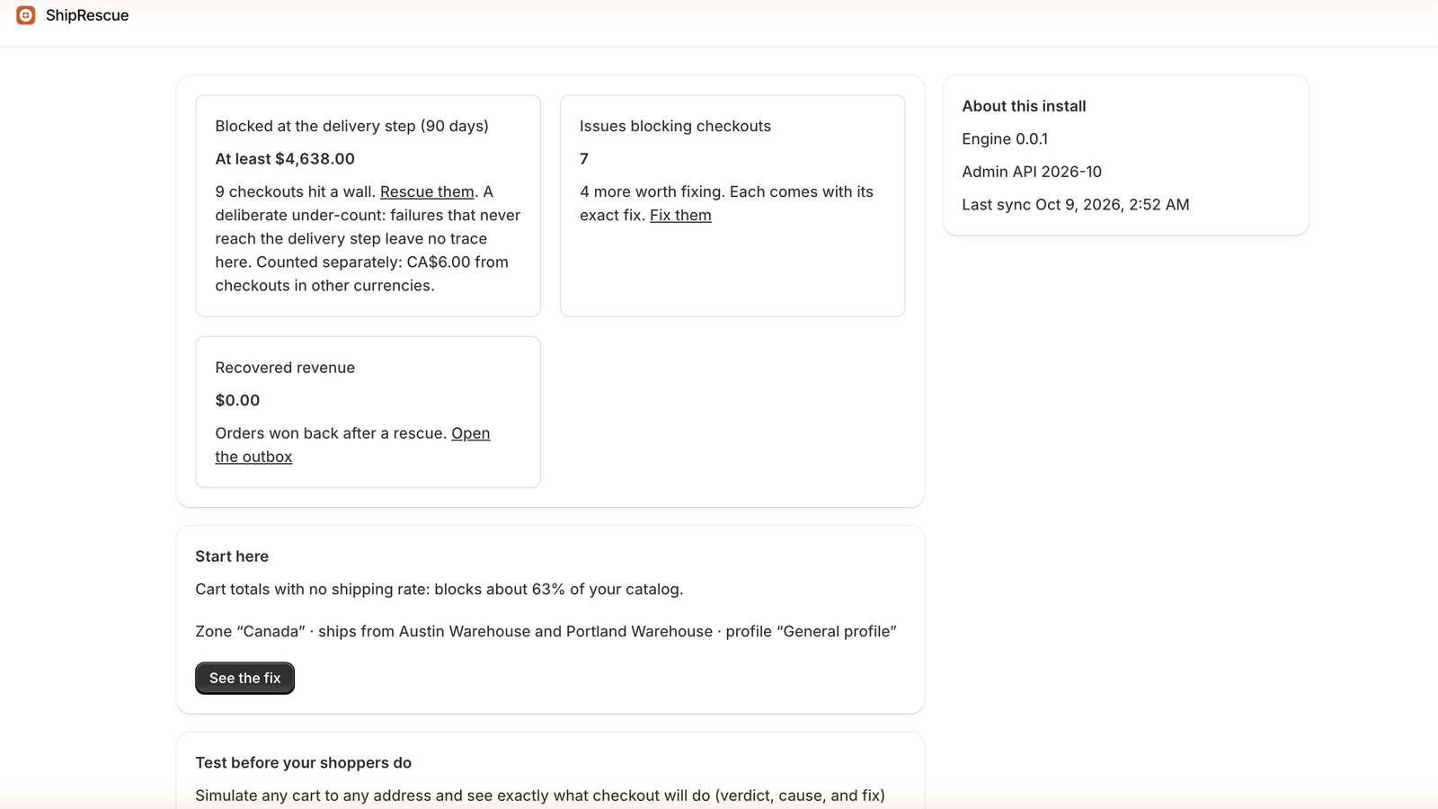 The ShipRescue Home screen: blocked cart value, issues blocking checkouts and recovered revenue, with a Start here panel naming the single worst finding.