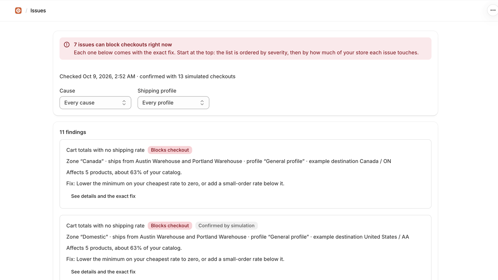The ranked list of shipping-settings issues, each with a severity badge and the share of the catalog it blocks.