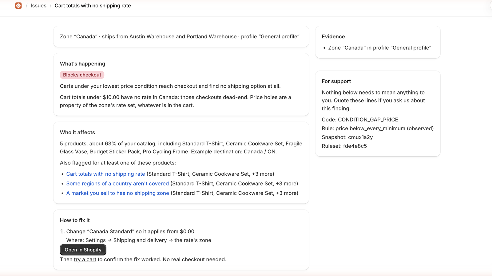 One issue opened: what is happening, who it affects, and the exact fix with the admin path to apply it.