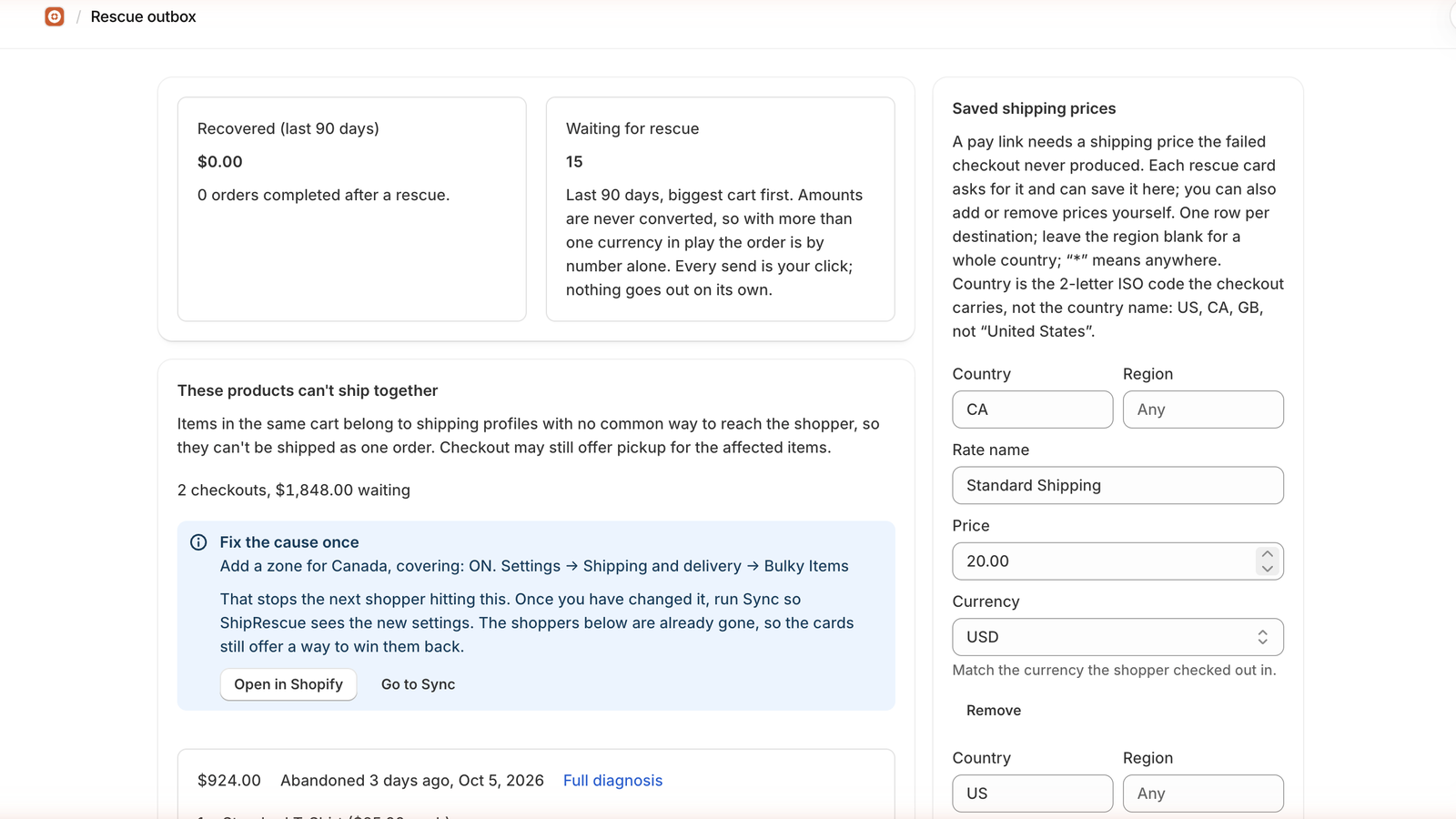 The rescue outbox: blocked checkouts grouped by cause, the one fix that stops them, and the saved shipping prices pay links use.