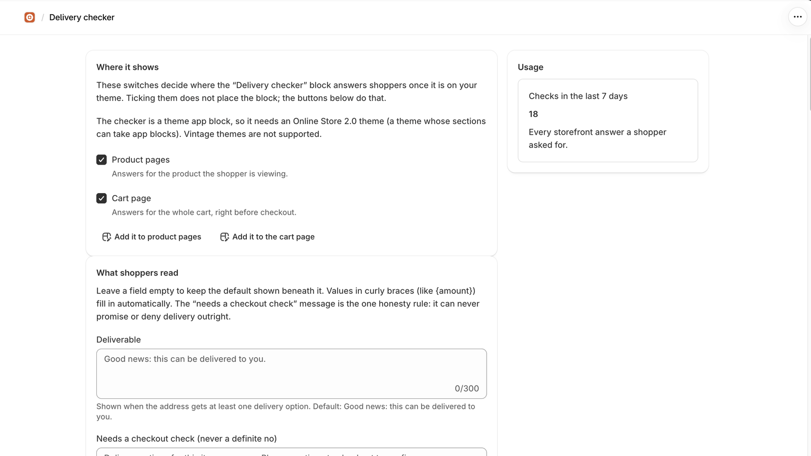 The delivery checker settings: where it shows and the wording shoppers read.