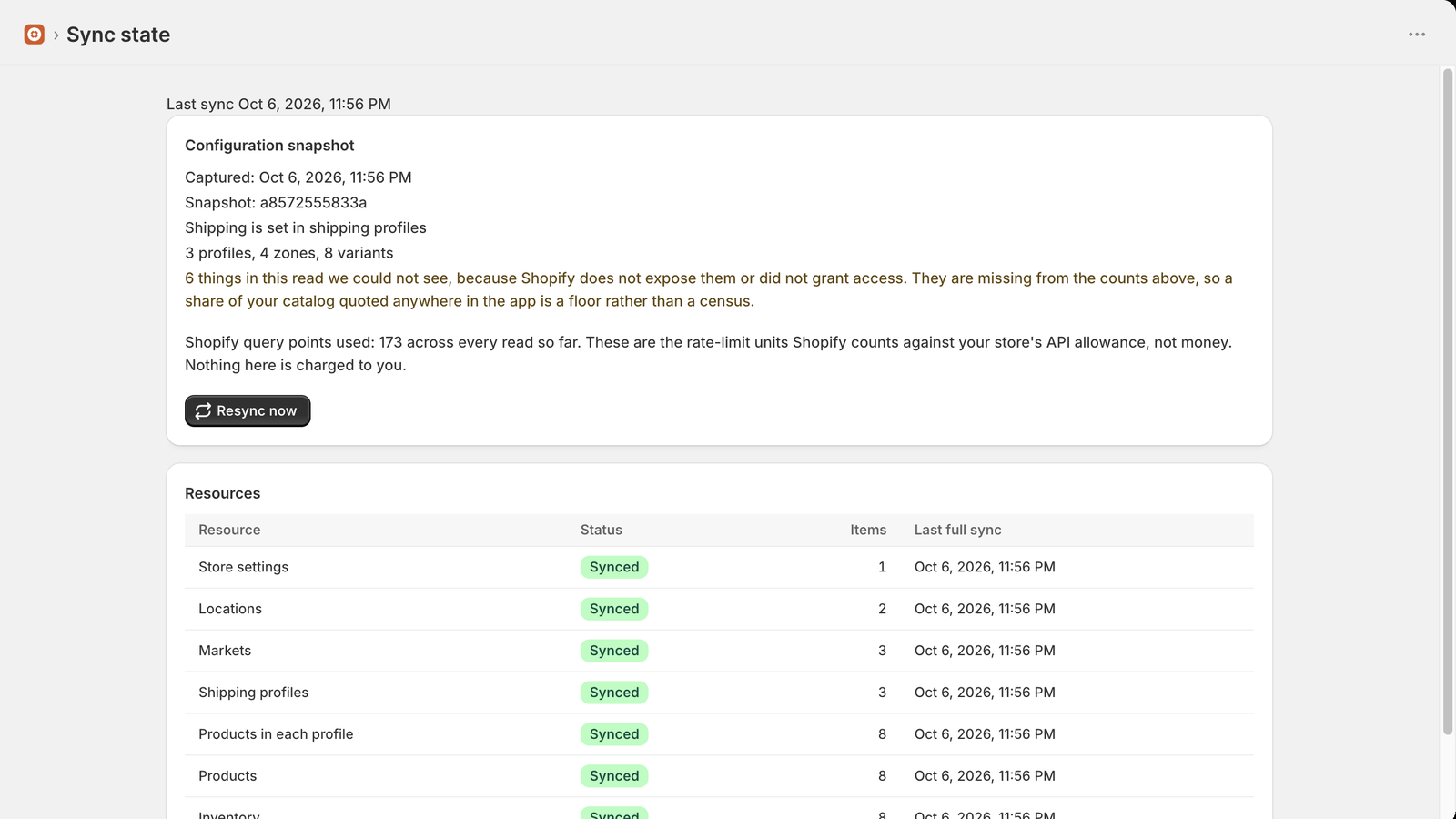 Sync state: what ShipRescue has read from the store, when, and whether any resource failed.