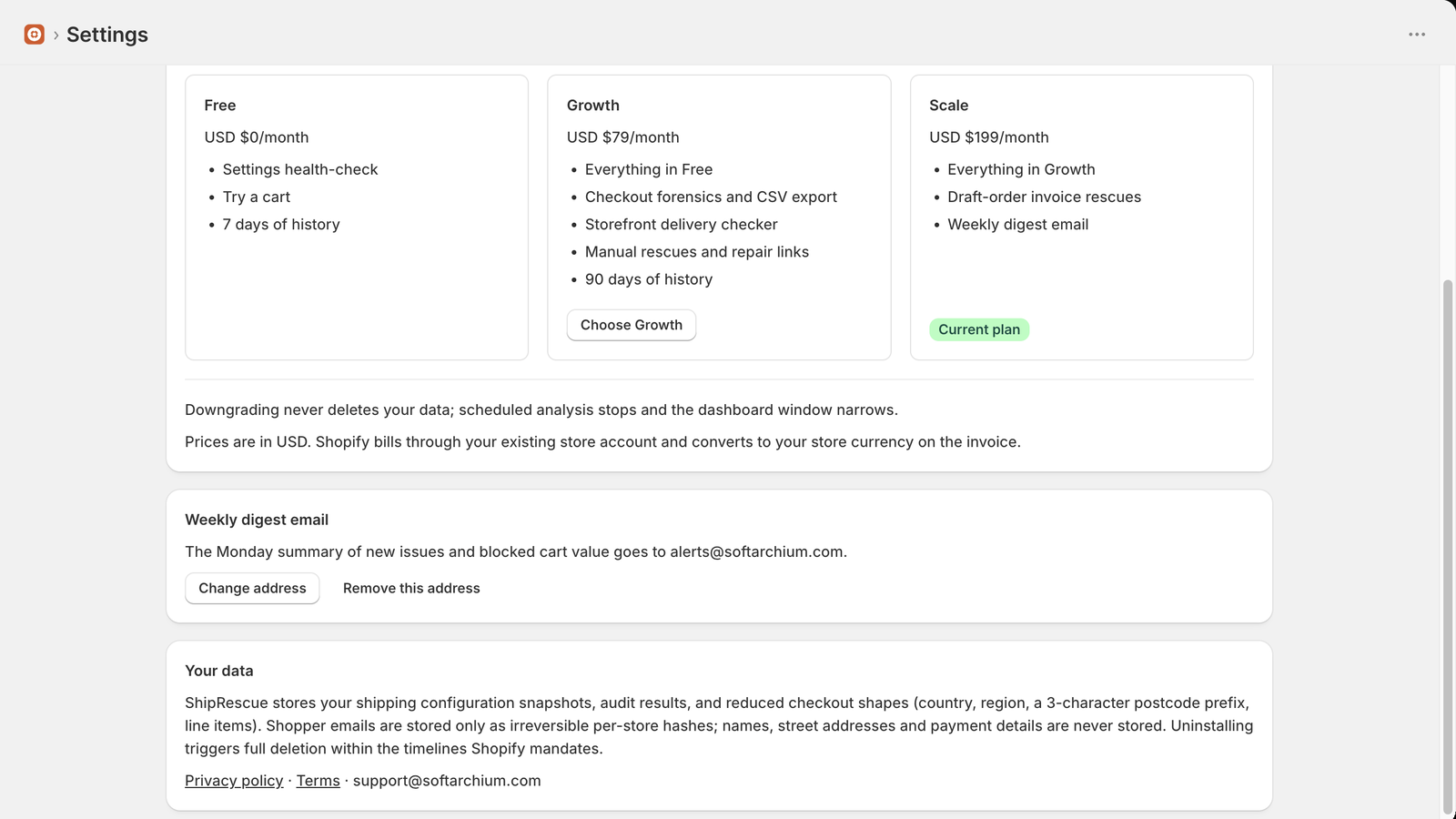 Settings: the three plans with your current one marked, the weekly digest address and a summary of what ShipRescue stores.